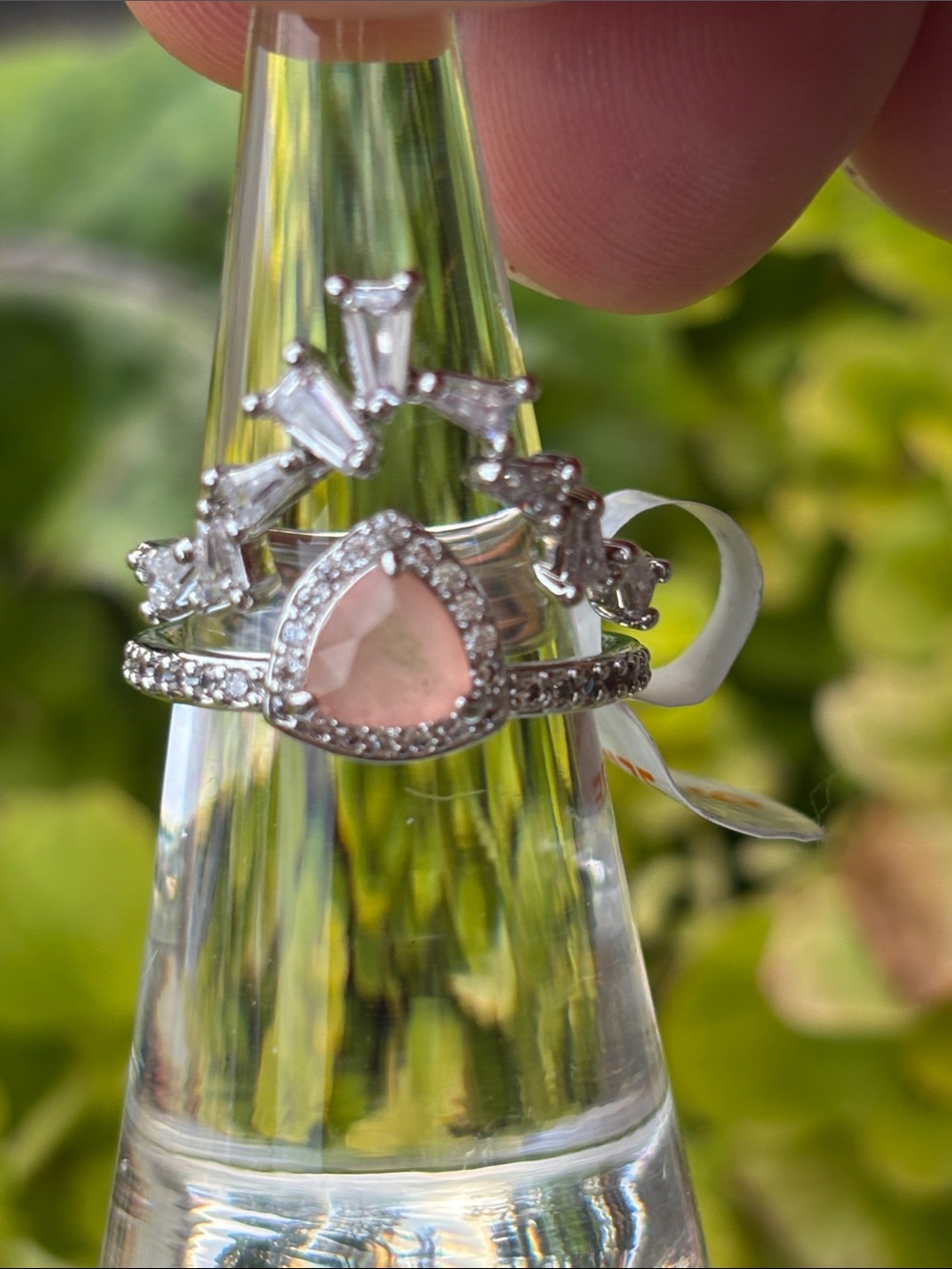 Silver Pear Pink Center Halo Ring with Clear Accents